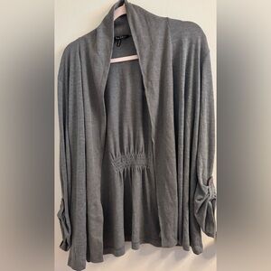 Gray Cardigan with Draped Open Front and Peplum Waist